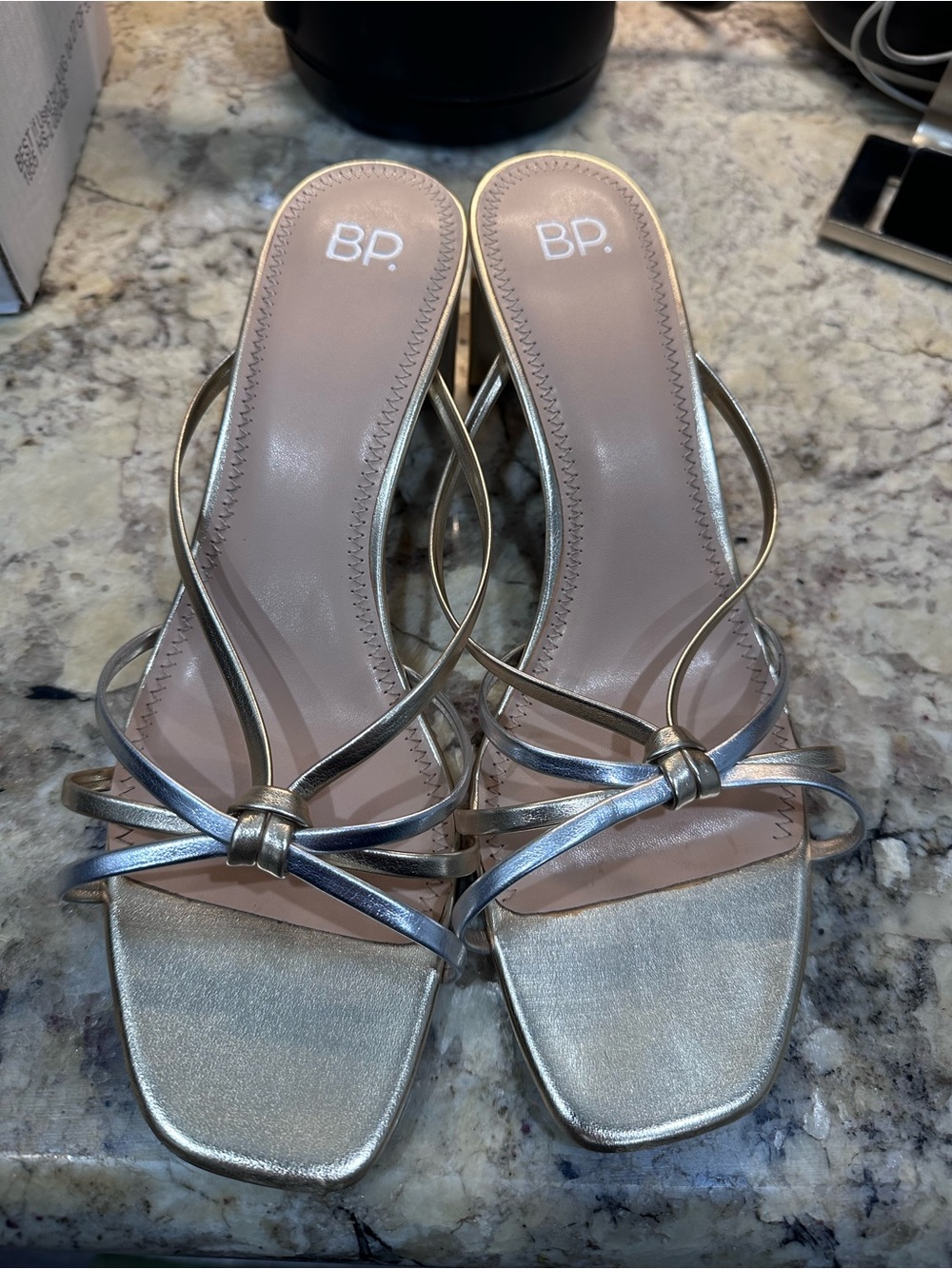 bp Metallic Silver and gold Knotted Strap Slide Heels